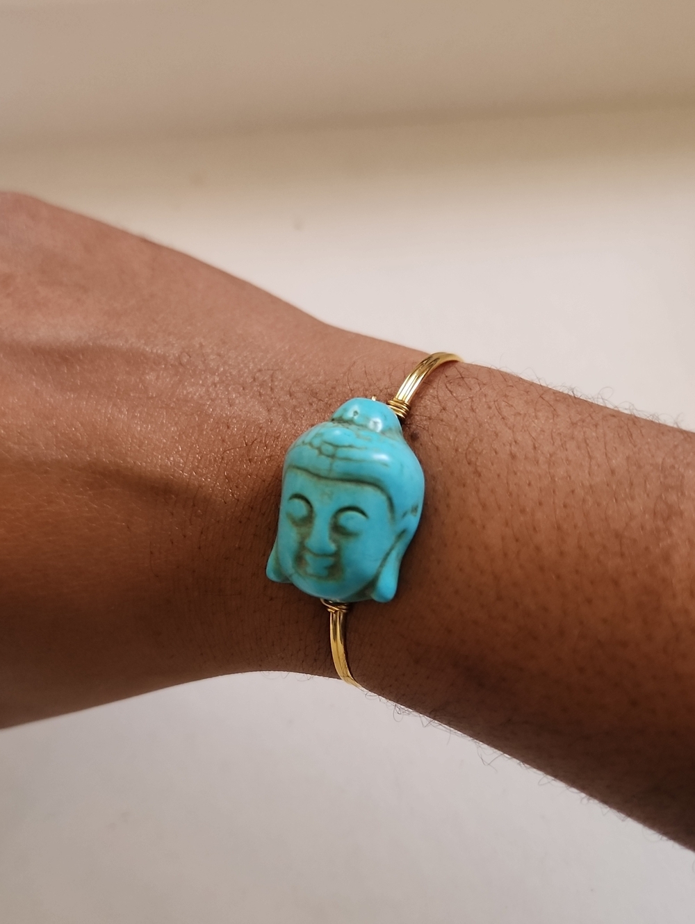Gold Tone Wire Bangle Turquoise Buddha Head Bracelet Handmade